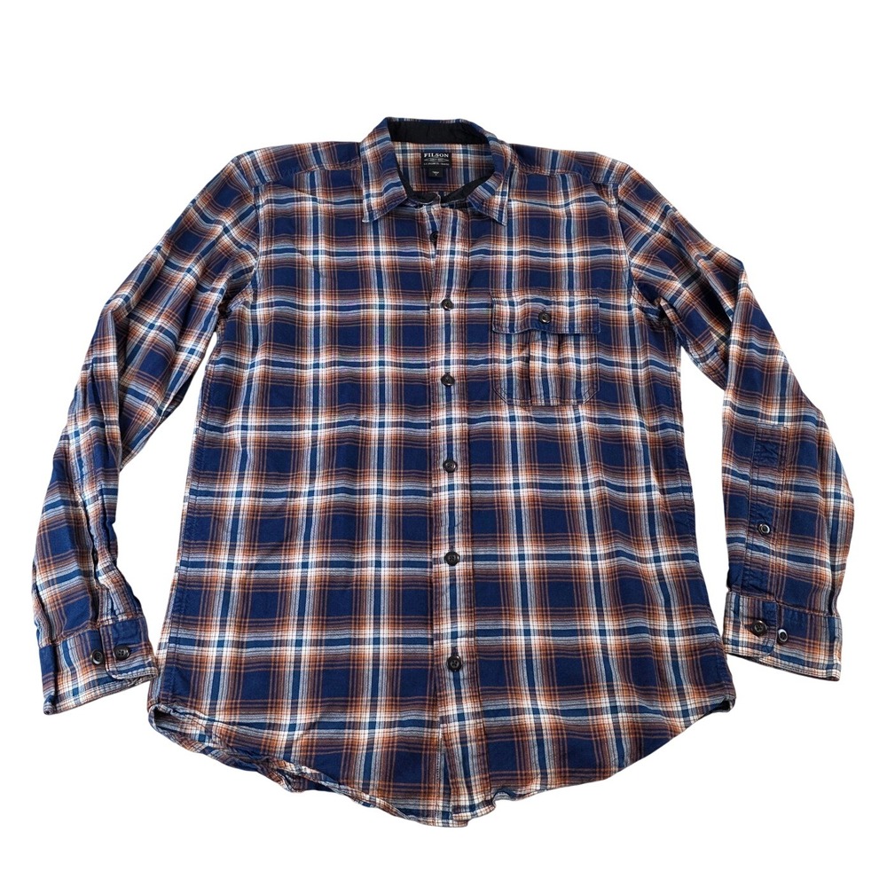 Filson Mens Indigo Rust Plaid Cotton Button Down Shirt Long Sleeve Outdoors Sz S